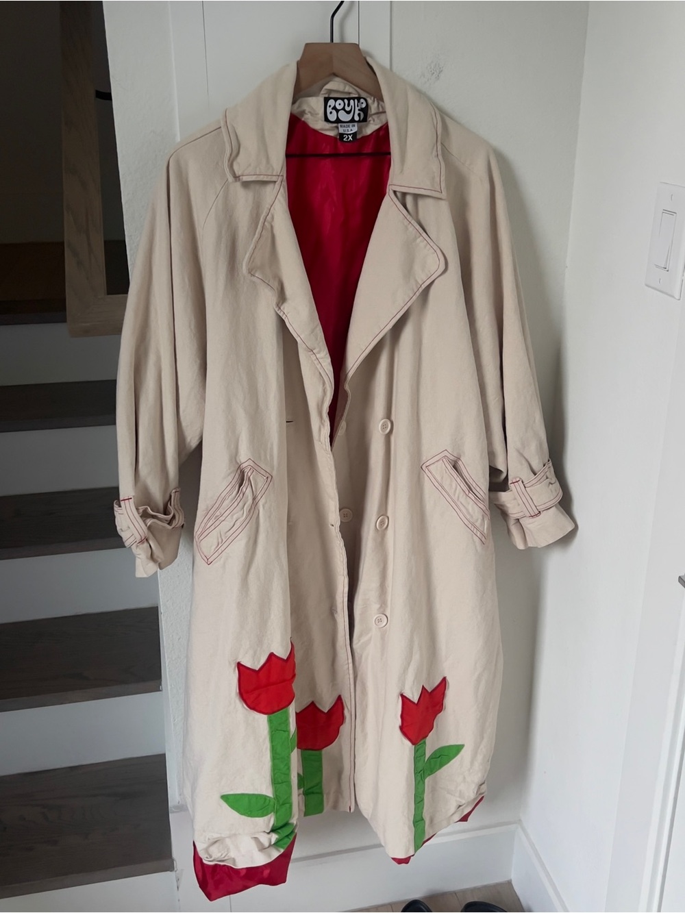 Anthropologie Boyko Tulip Trench Coat Jacket in Beige and Red - Picture 3 of 7
